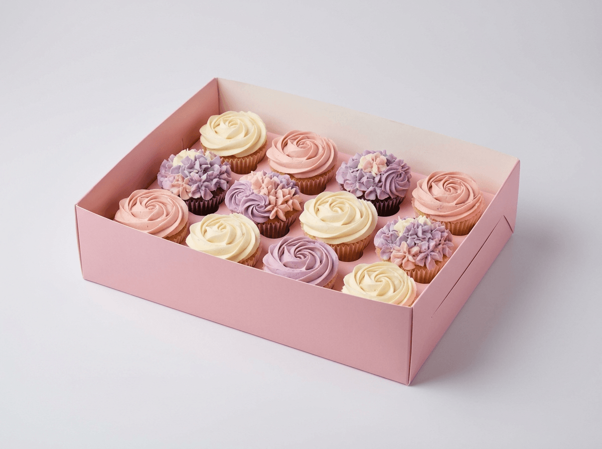A cupcake bouquet box holding cupcakes arranged like flowers