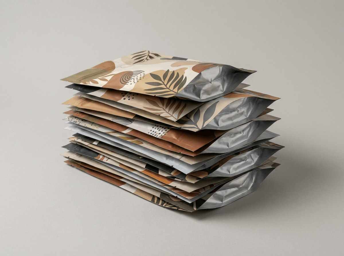 A bulk stack of custom printed mylar pouch bags