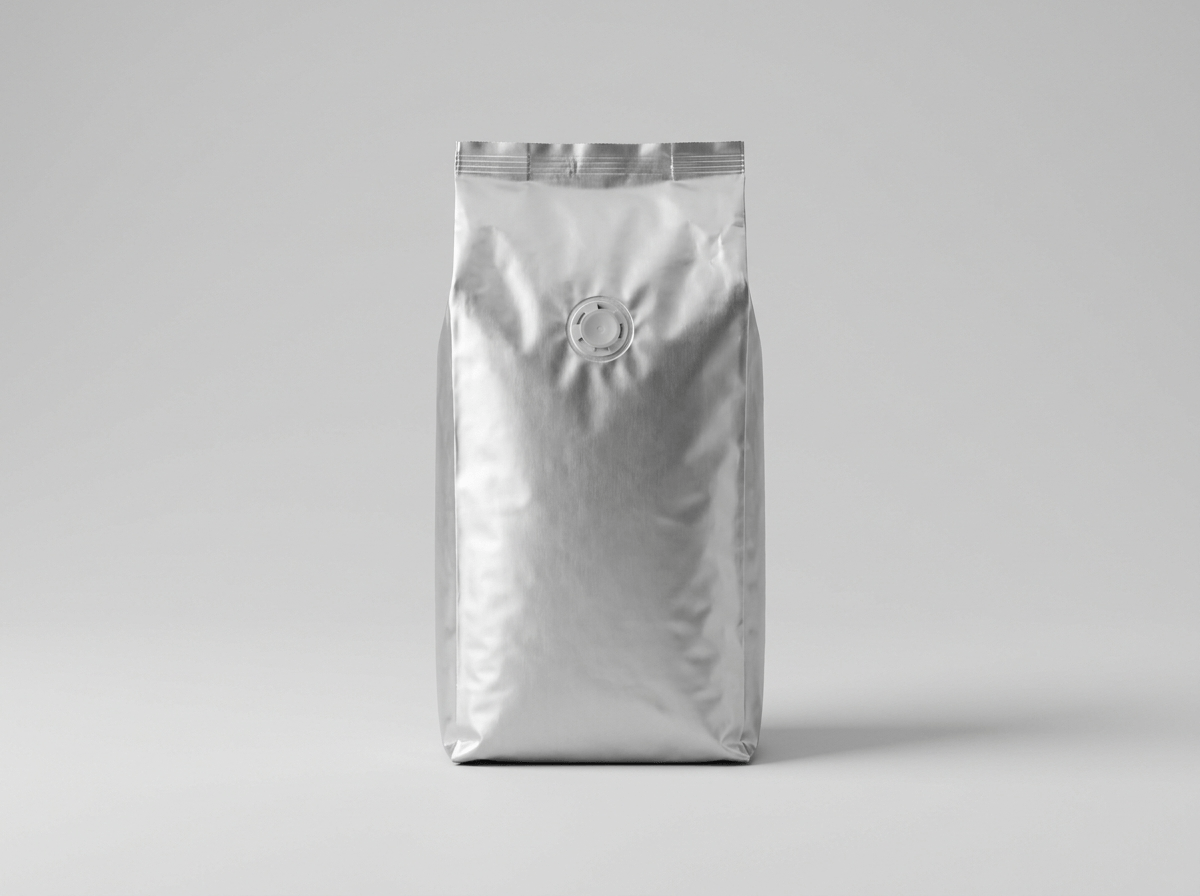 A large 5 lb foil coffee bag with a valve