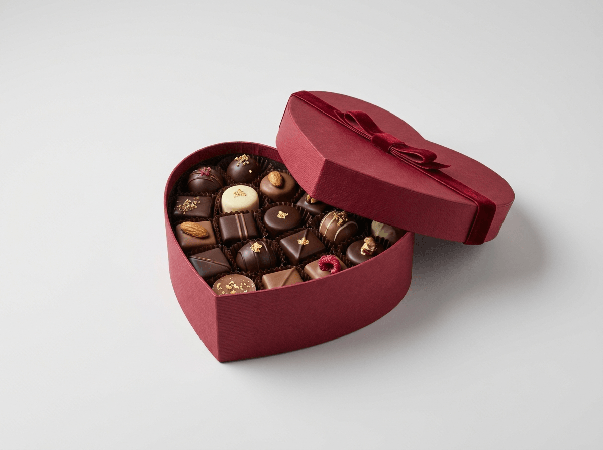 A heart-shaped chocolate box with chocolates inside