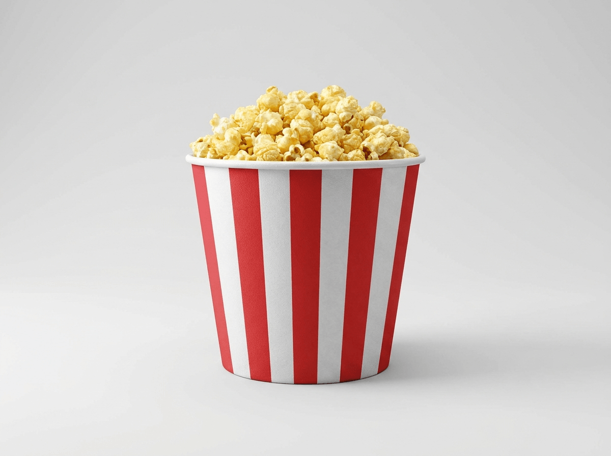 A custom printed popcorn bucket, striped tub