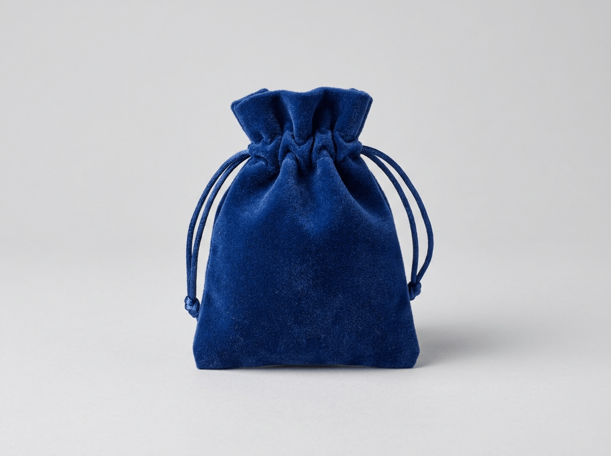 A small velvet drawstring jewelry bag