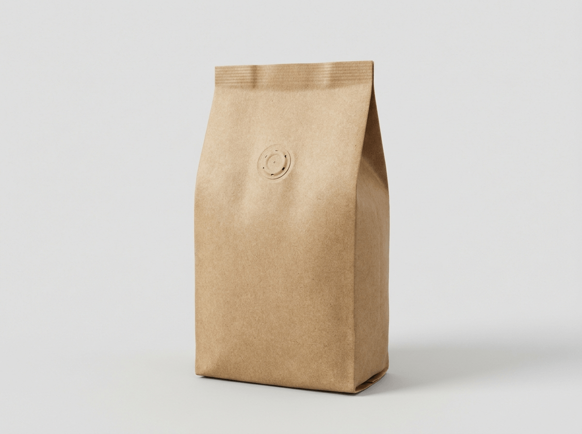 A stand-up coffee bag with a one-way degassing valve, close-up