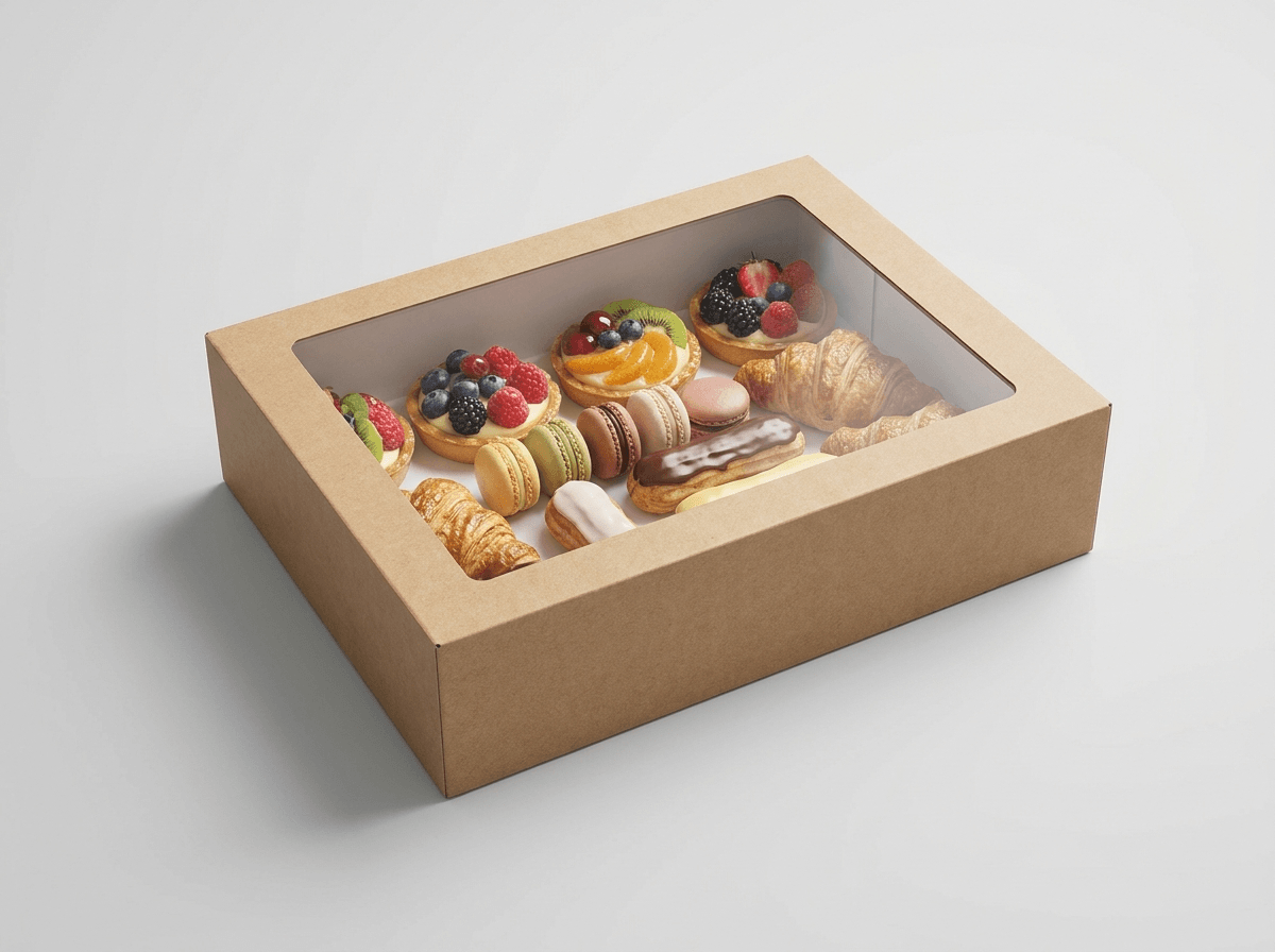 A custom dessert box with pastries and a window lid
