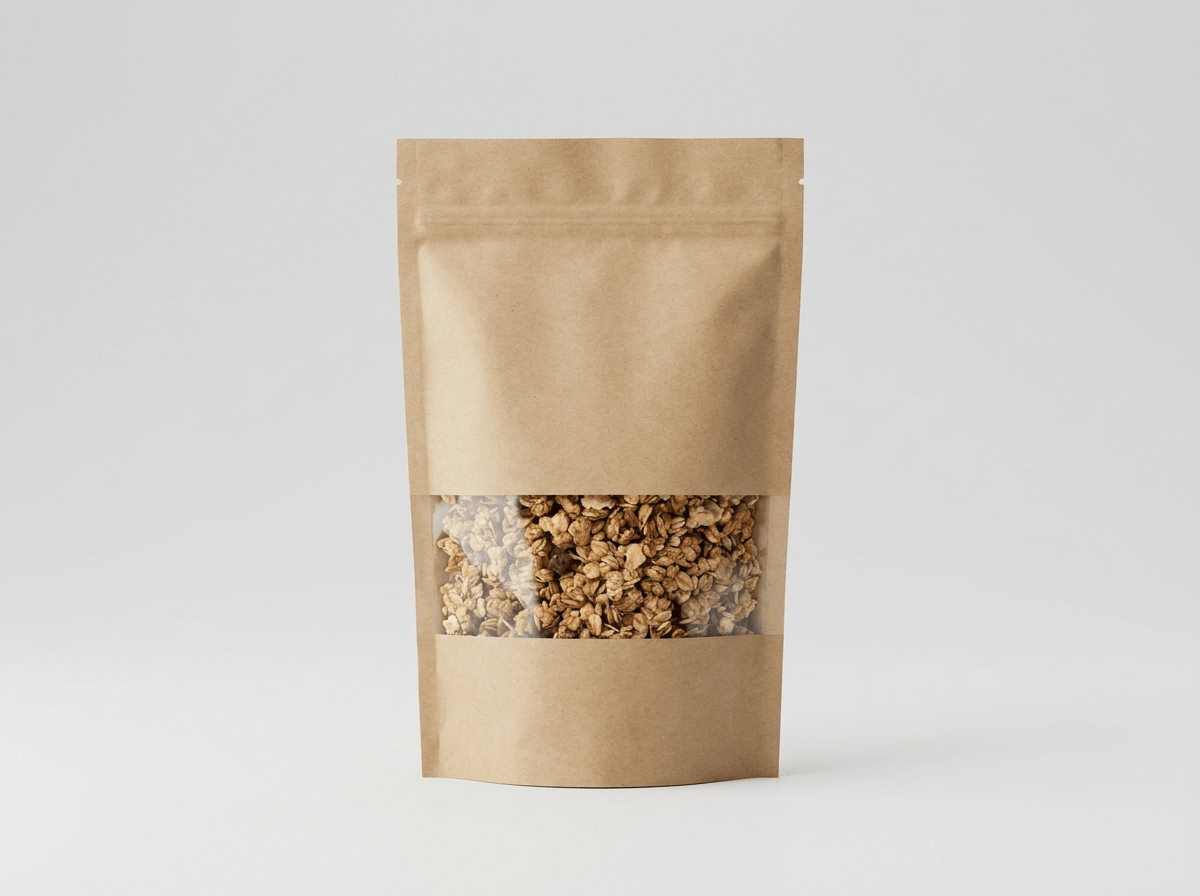 A stand-up granola pouch bag with a window