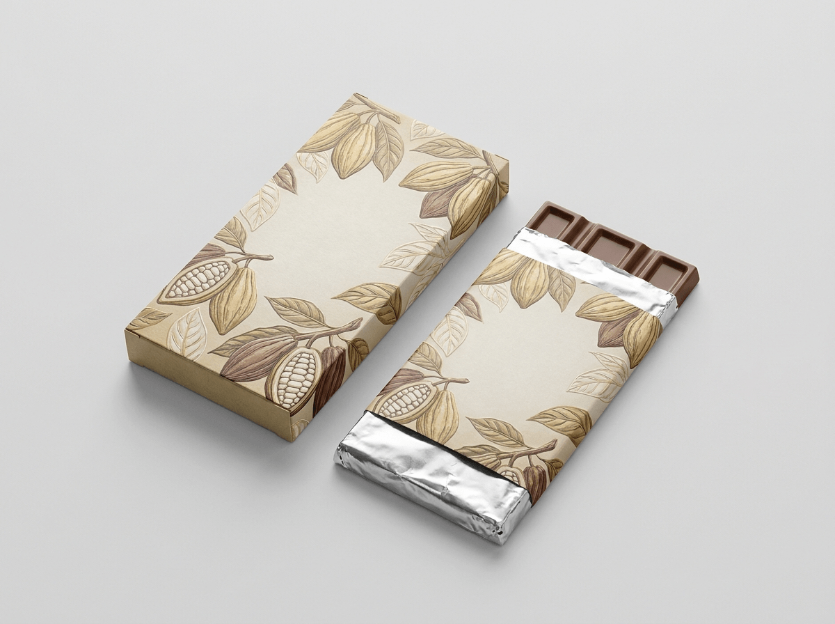 A custom printed chocolate bar box and wrapped chocolate bar