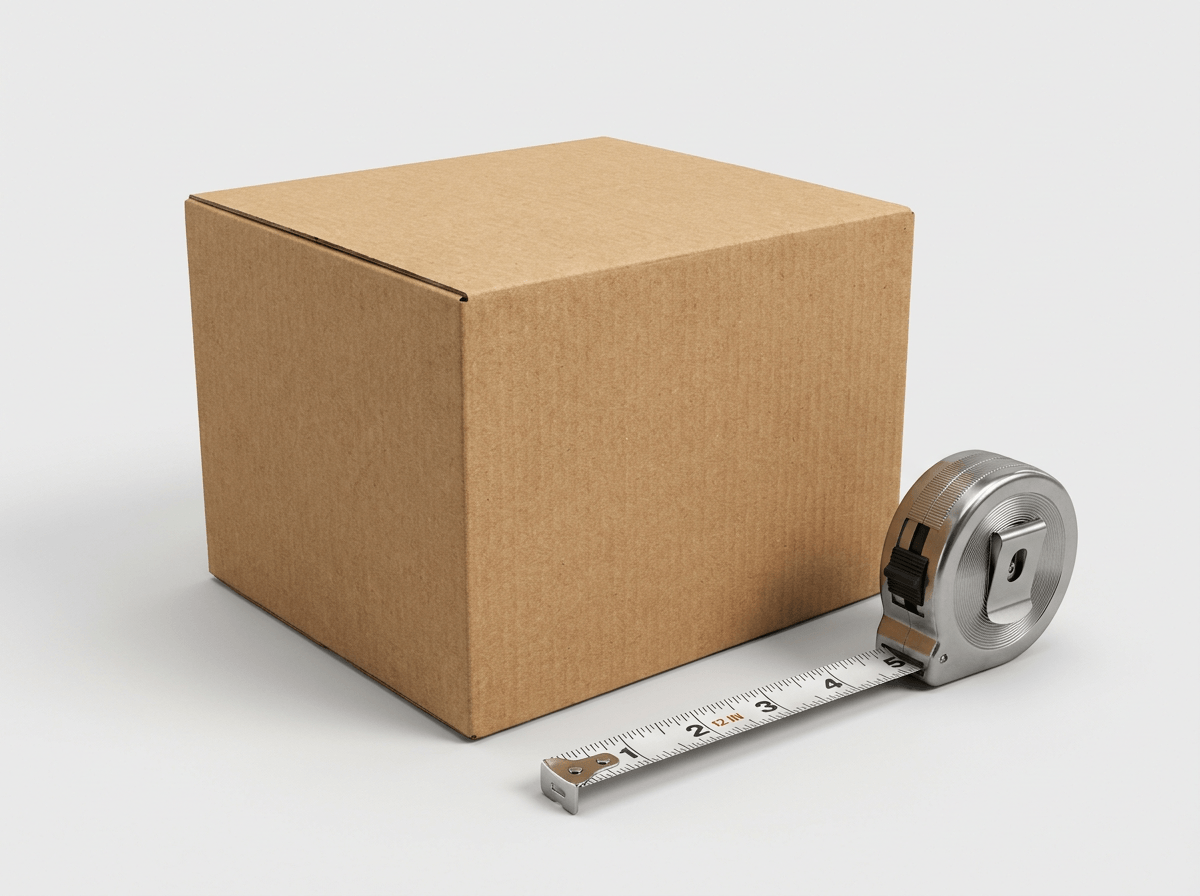 A plain cardboard box beside a tape measure showing dimensions