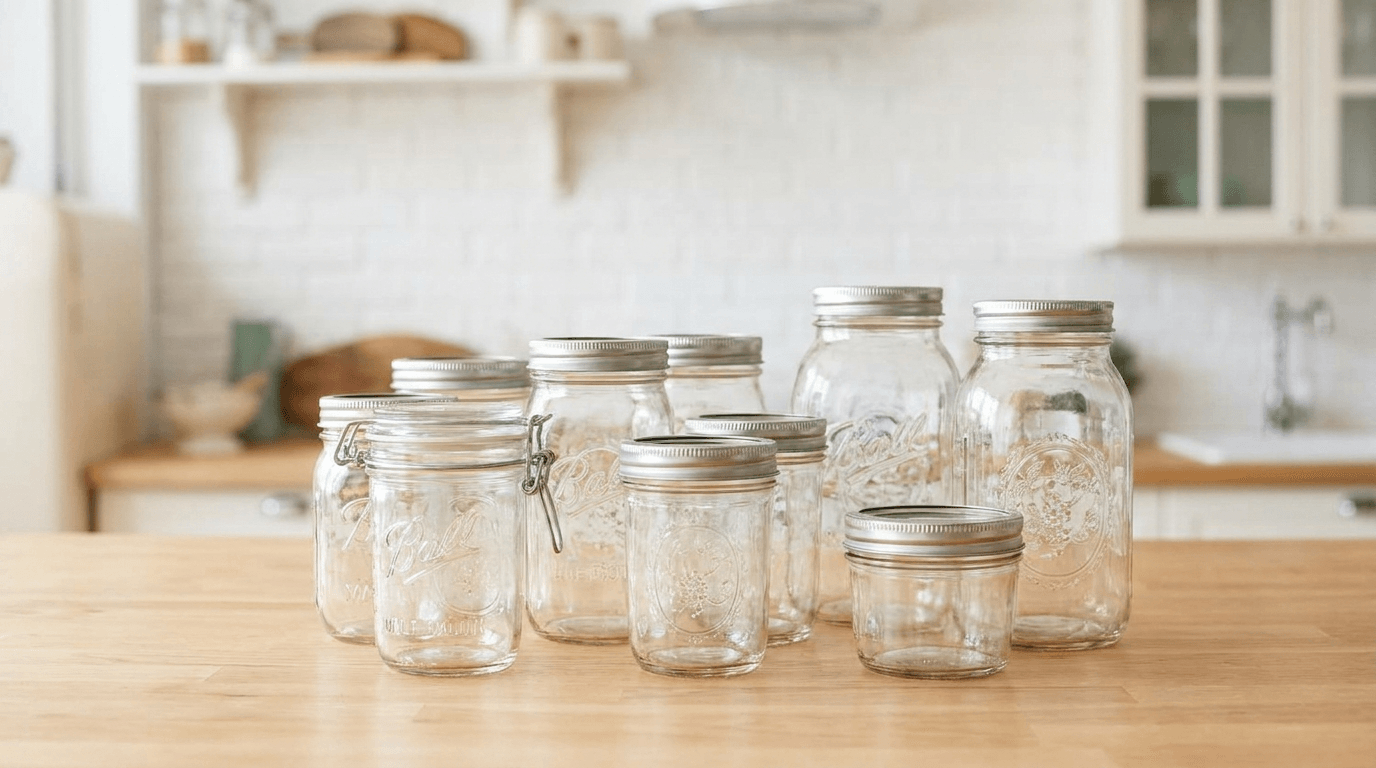 Glass mason jars in several sizes on a kitchen counter