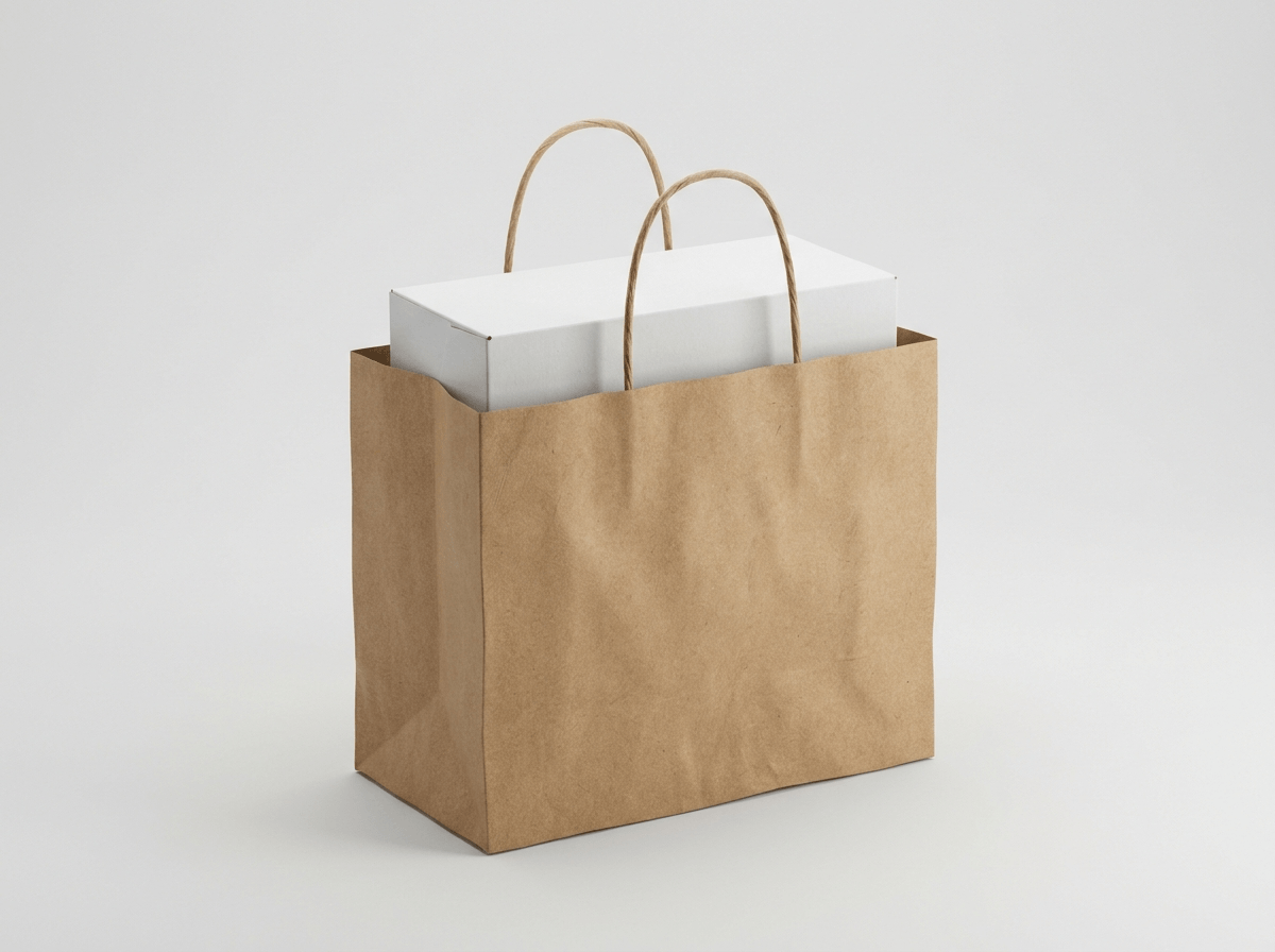 A bakery cake carrier bag with handles holding a cake box