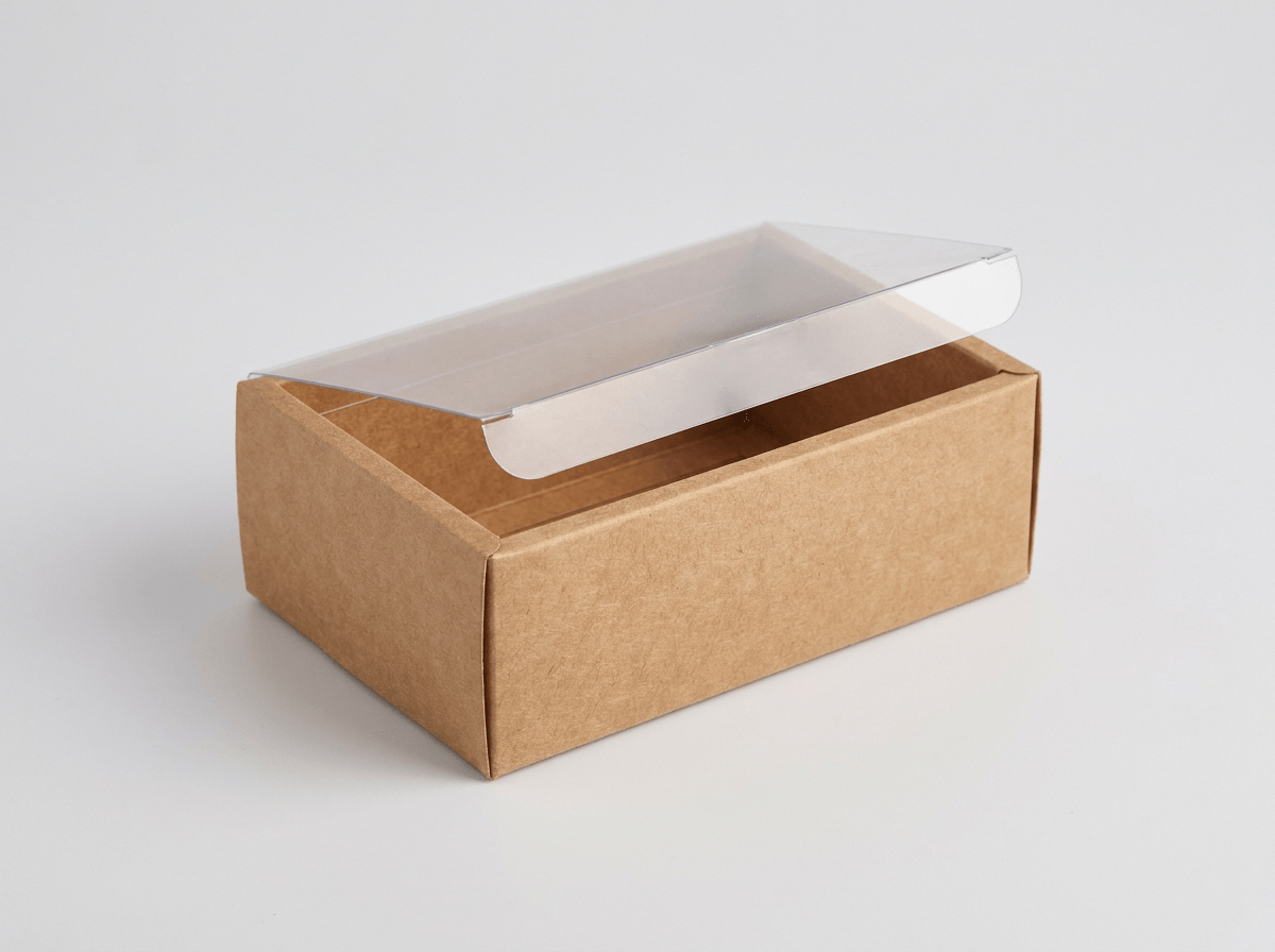 A kraft box with a clear transparent flip lid