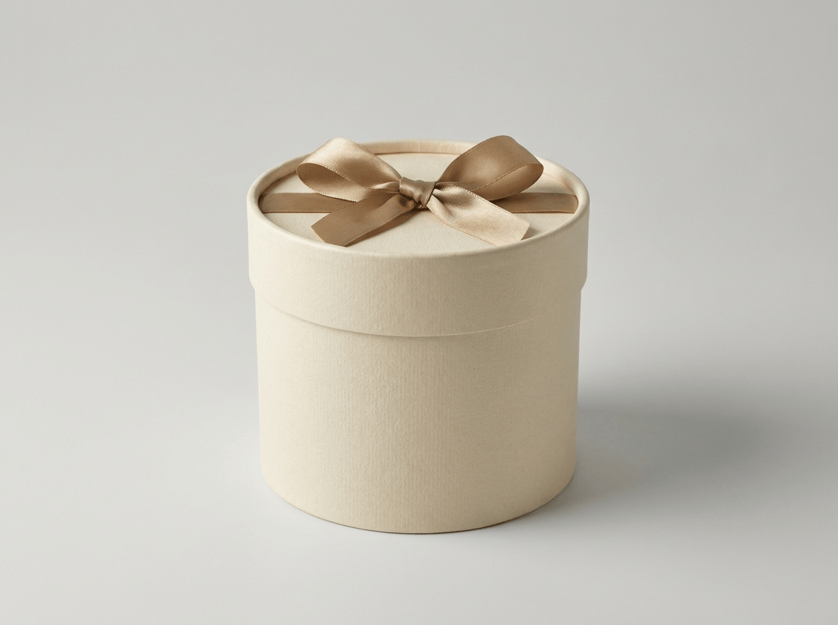 A round cylindrical gift box with a lid and ribbon