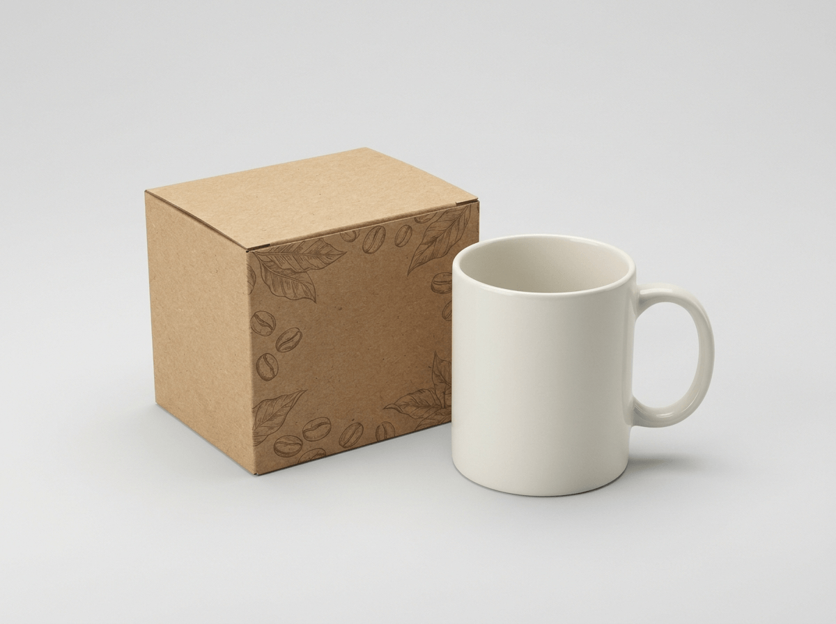 A printed cardboard gift box for a coffee mug with the mug beside it