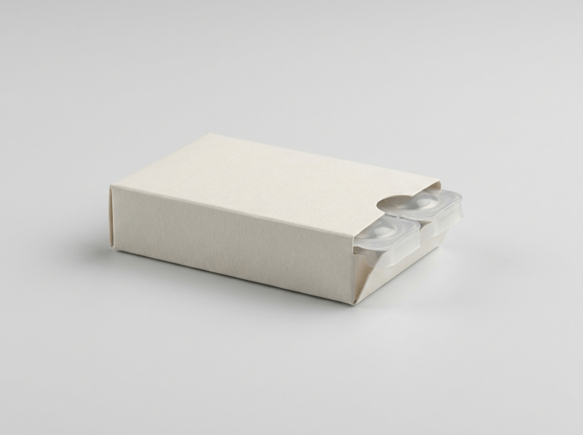 A small printed carton for contact lens blister packs