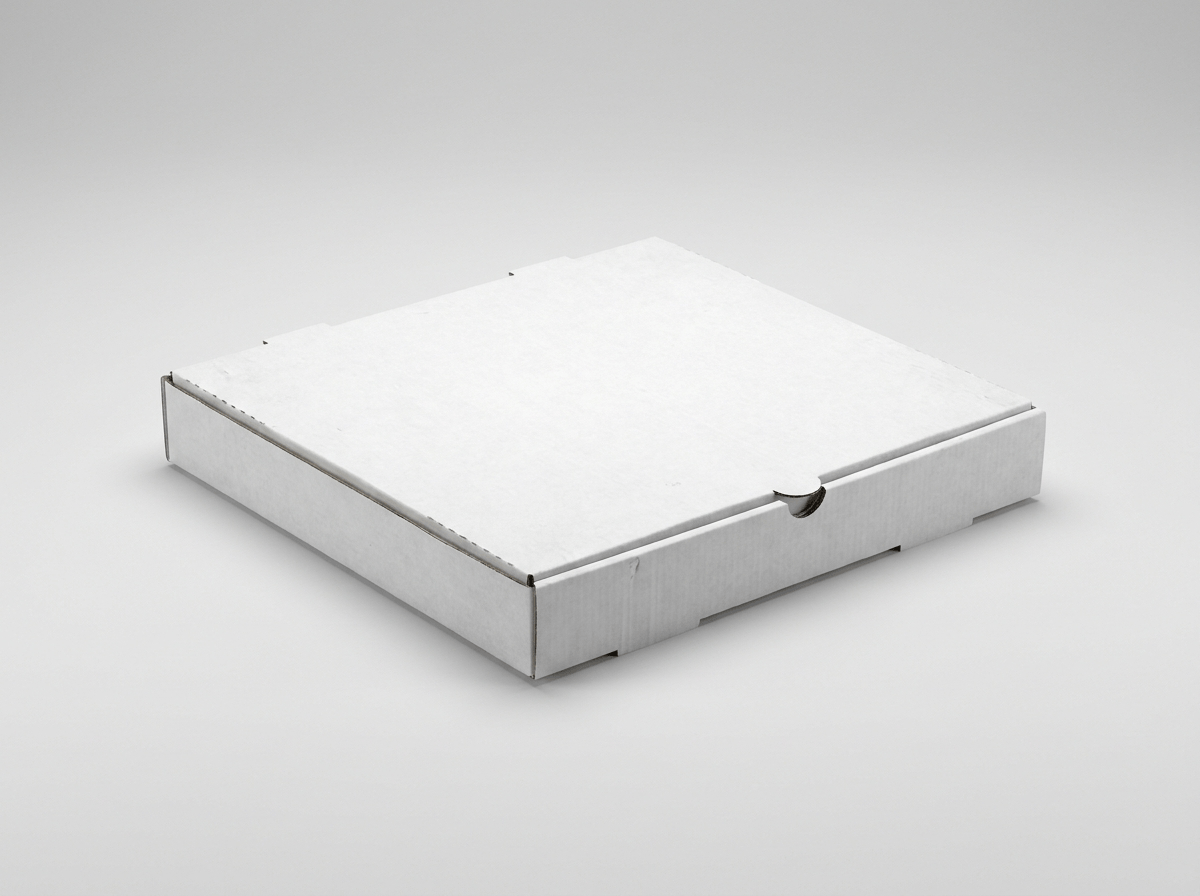 A plain white corrugated pizza box