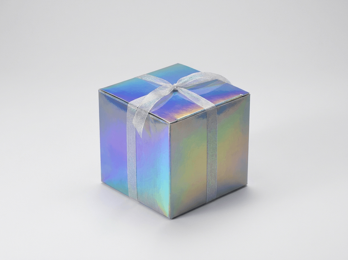 A shiny holographic iridescent gift box