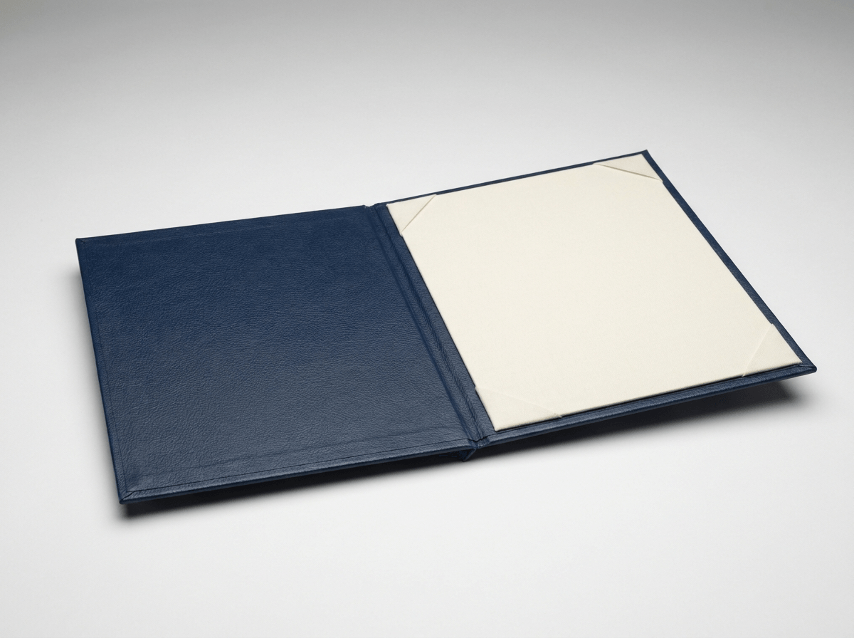 A padded certificate presentation folder, open