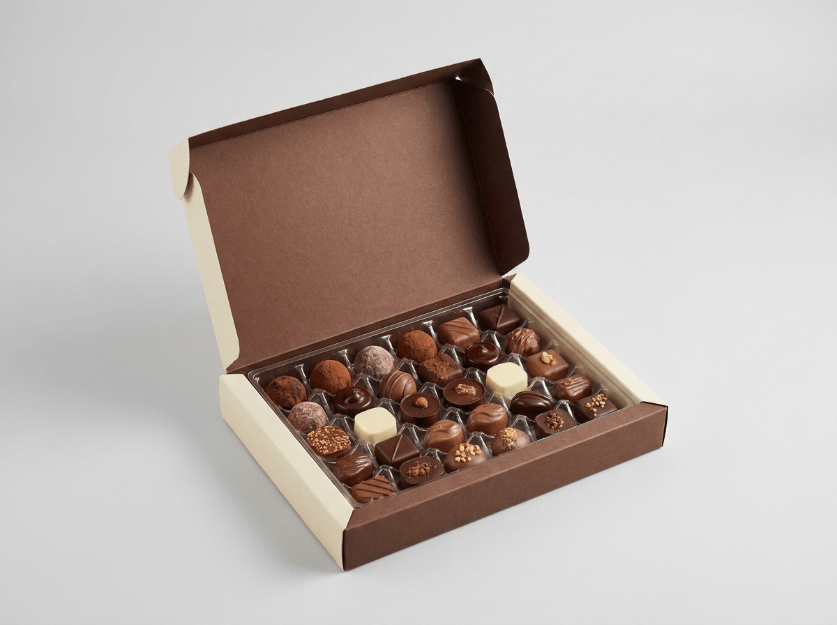 A printed chocolate assortment box with an insert of chocolates