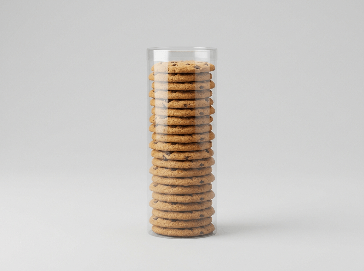 A clear cookie sleeve tube filled with stacked cookies