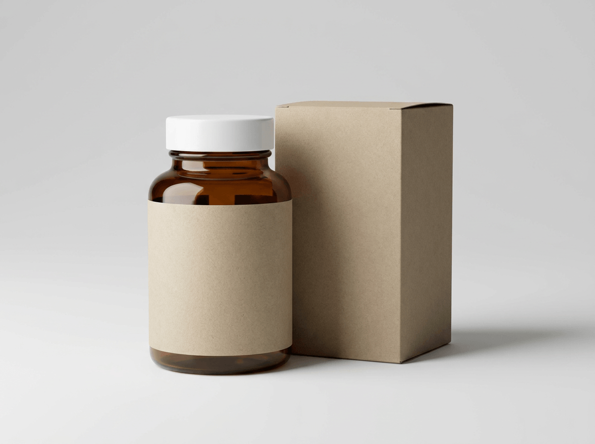 A supplement bottle with a printed carton and label