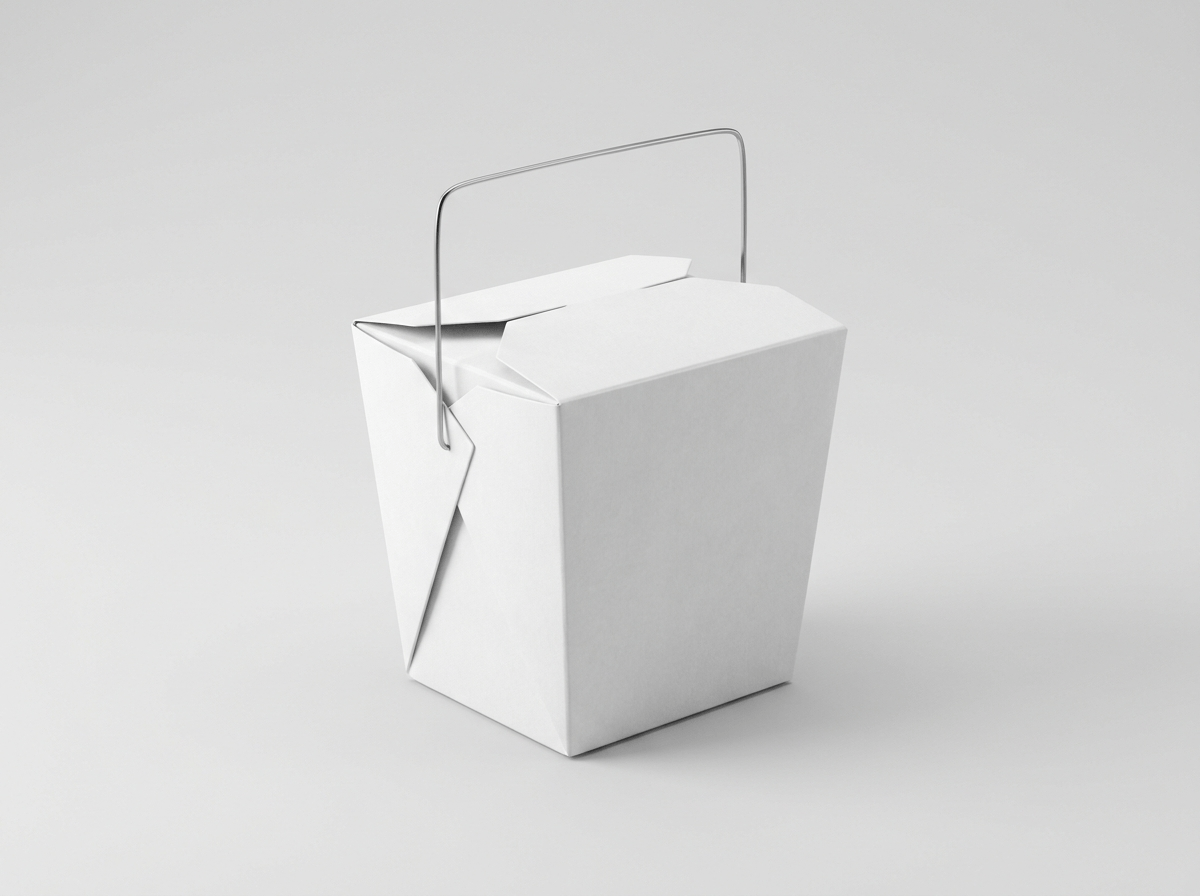 A white Chinese takeout box with a wire handle