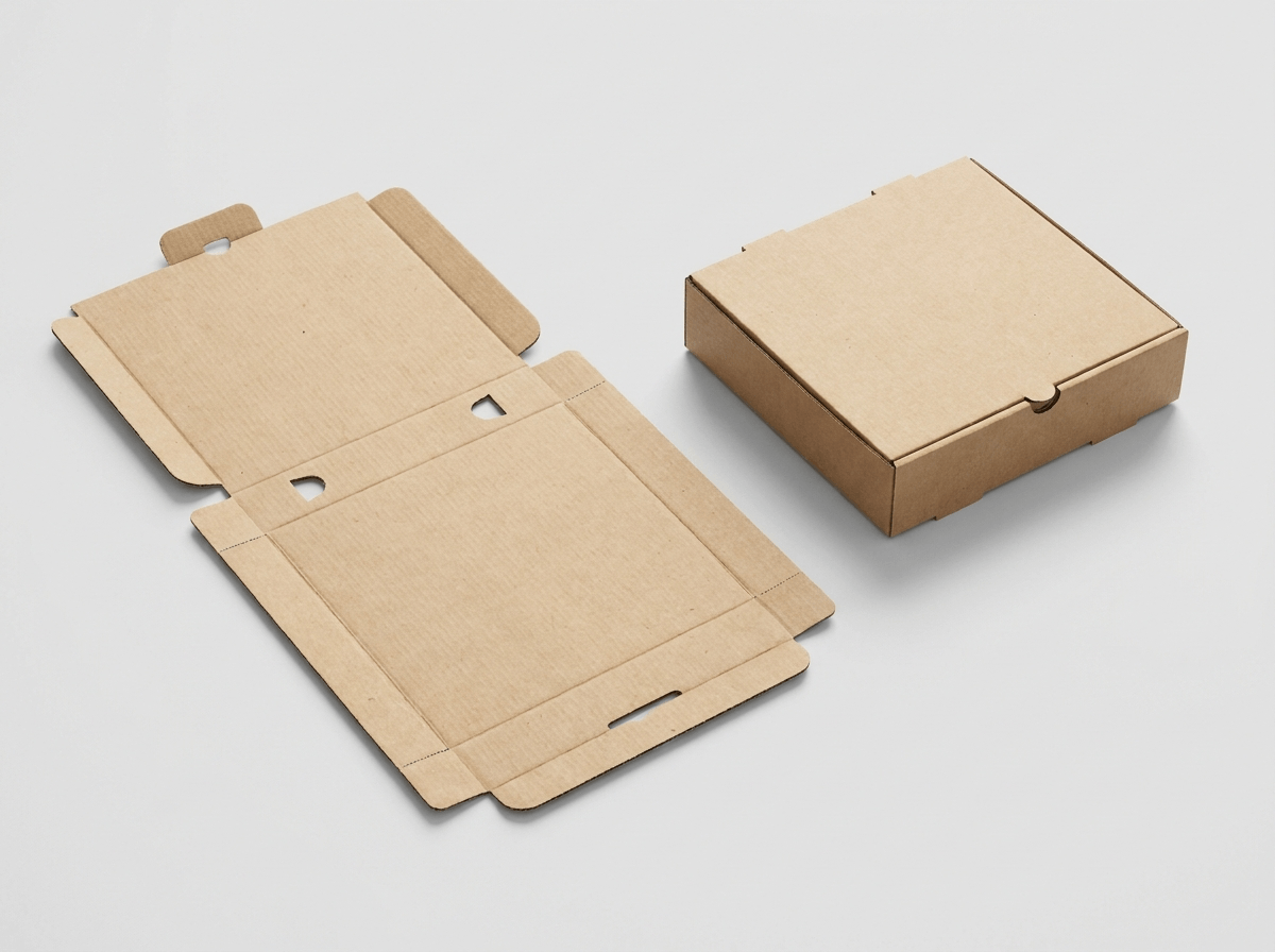 A foldable flat-pack cardboard box shown flat and assembled