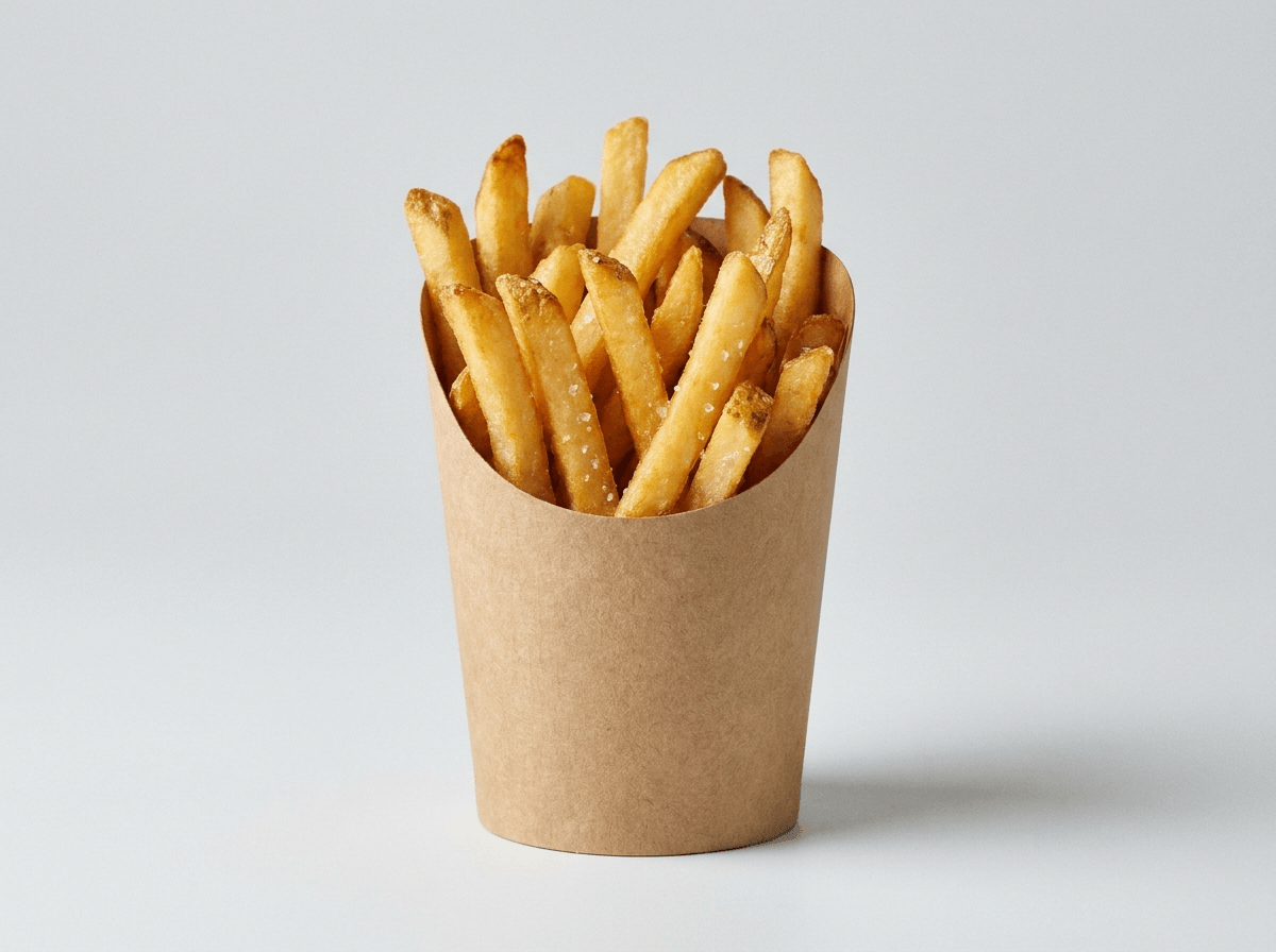 A paperboard french fry holder cup with fries