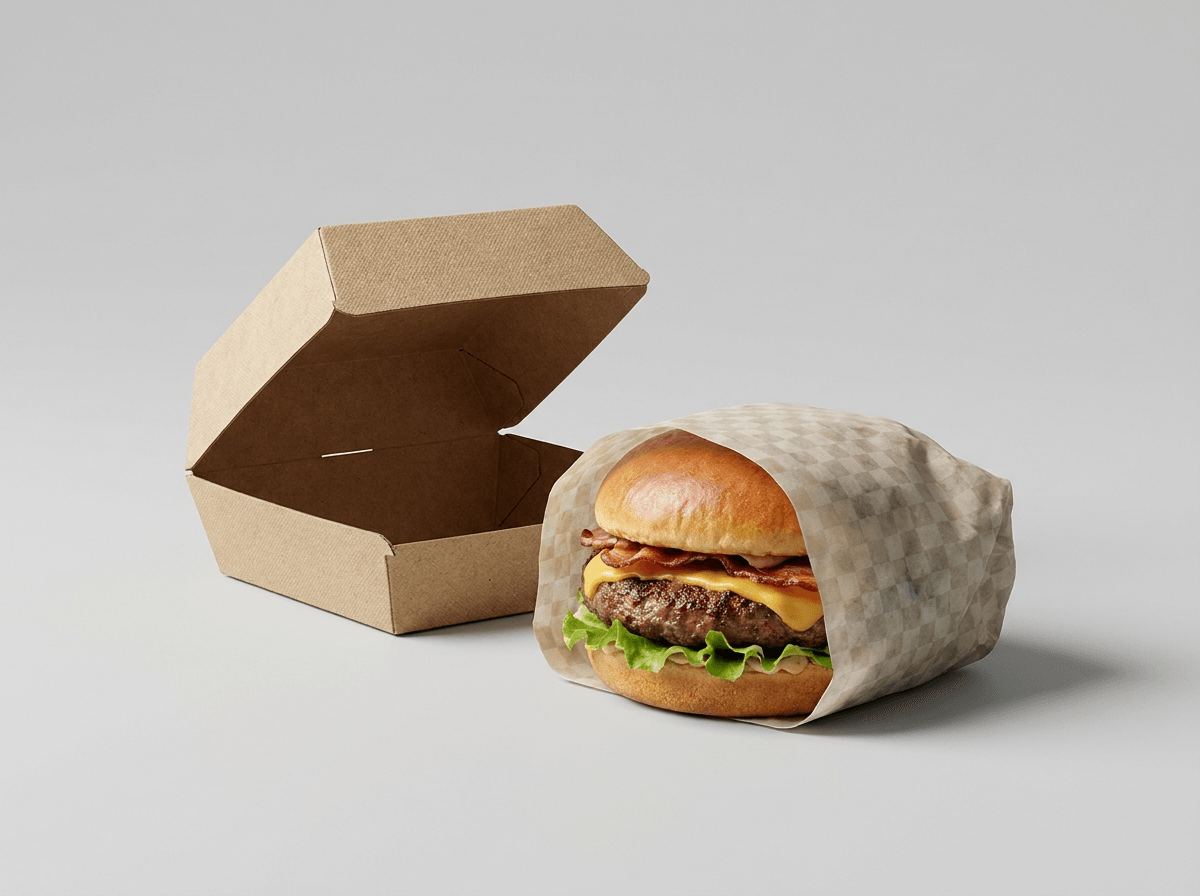 A burger wrapped in printed paper beside a clamshell box