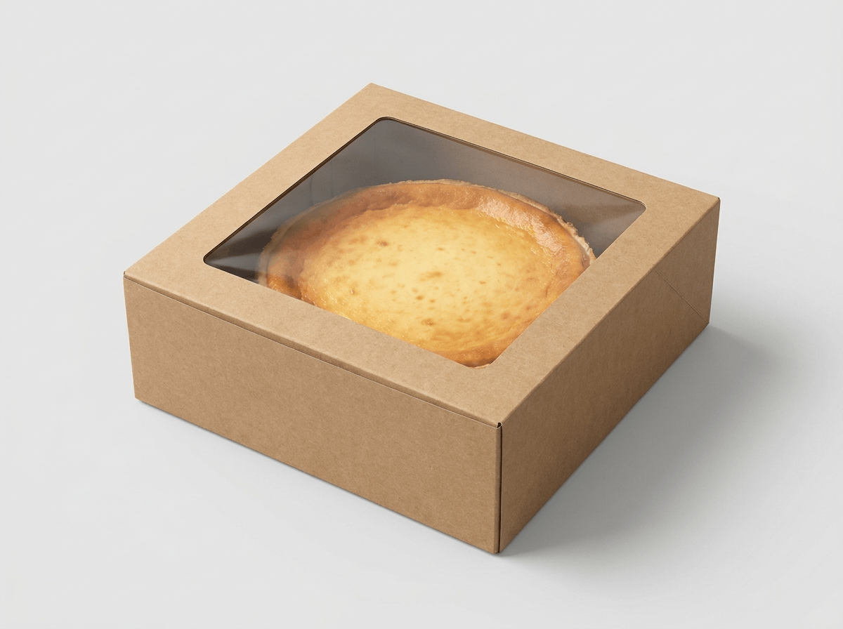 A bakery box holding a whole cheesecake with a window lid