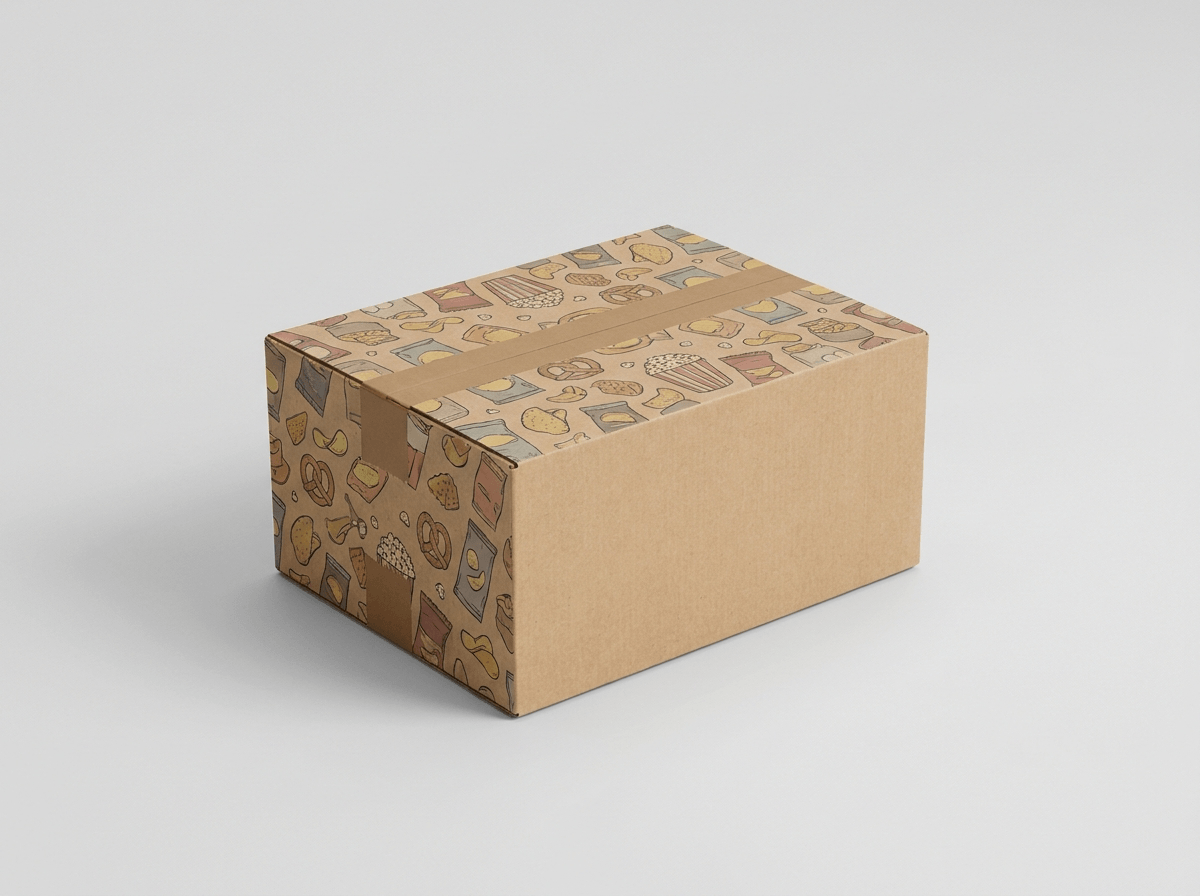 A sealed printed mystery snack subscription box
