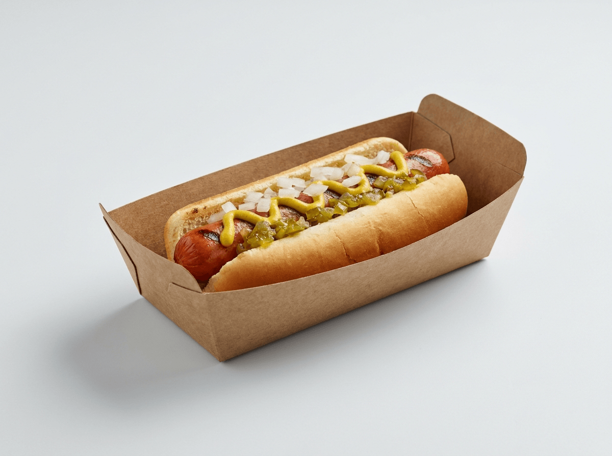 A paperboard hot dog tray box holding a hot dog