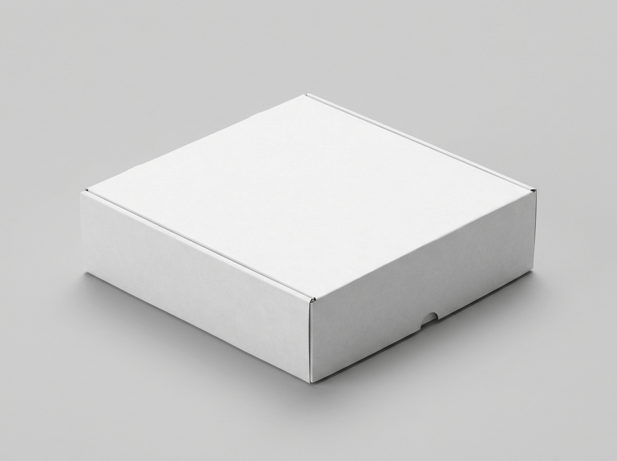 A large square white bakery cake box