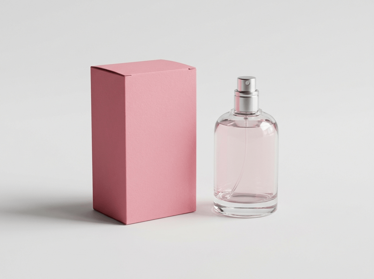 A pink rigid perfume box with a bottle beside it