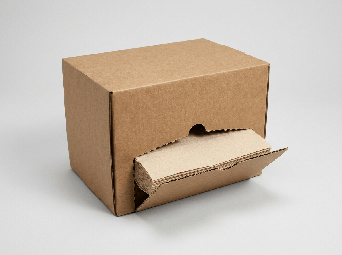 A countertop cardboard dispenser box with a tear opening