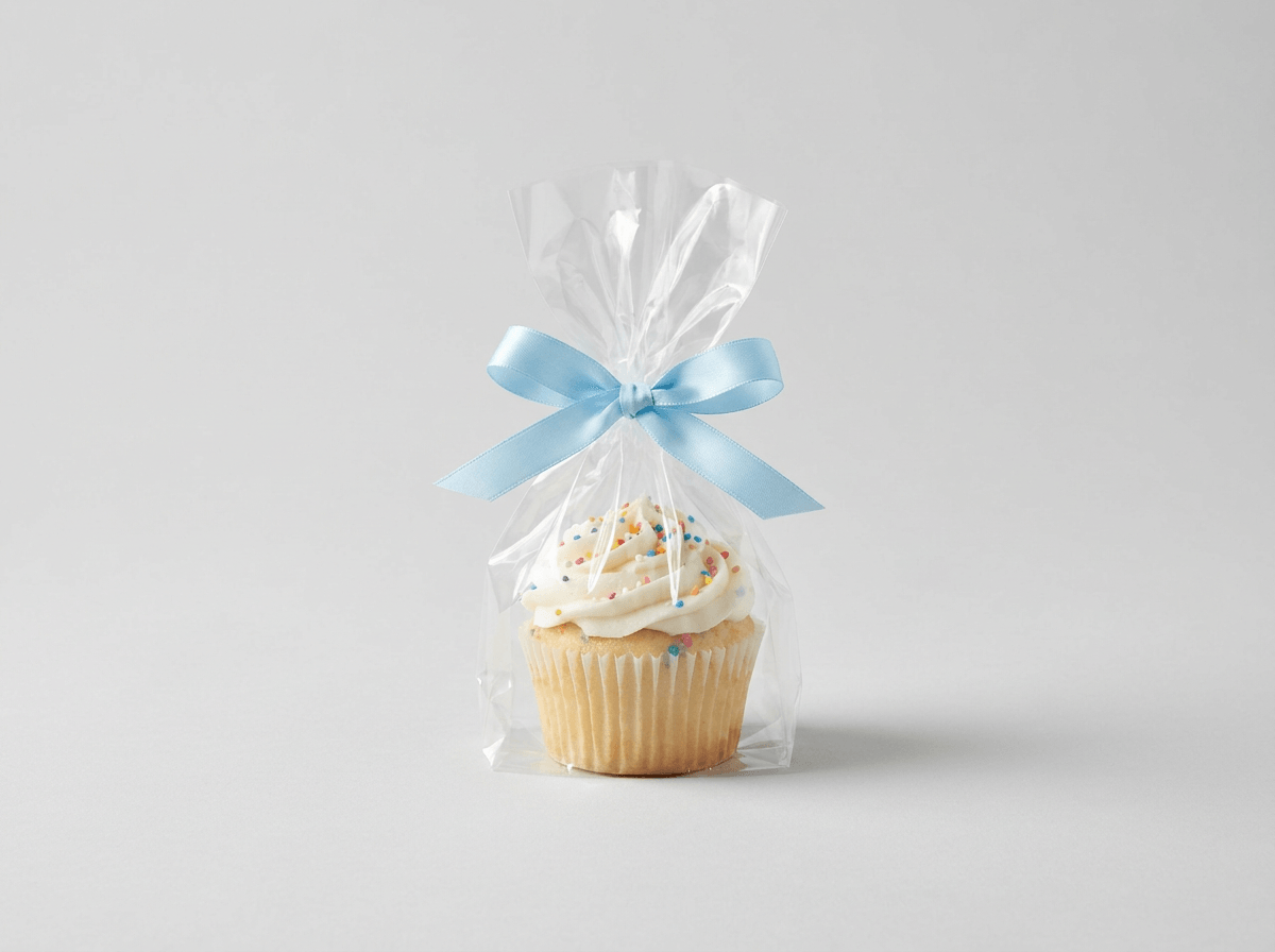 A clear cupcake bag with a single cupcake and a bow