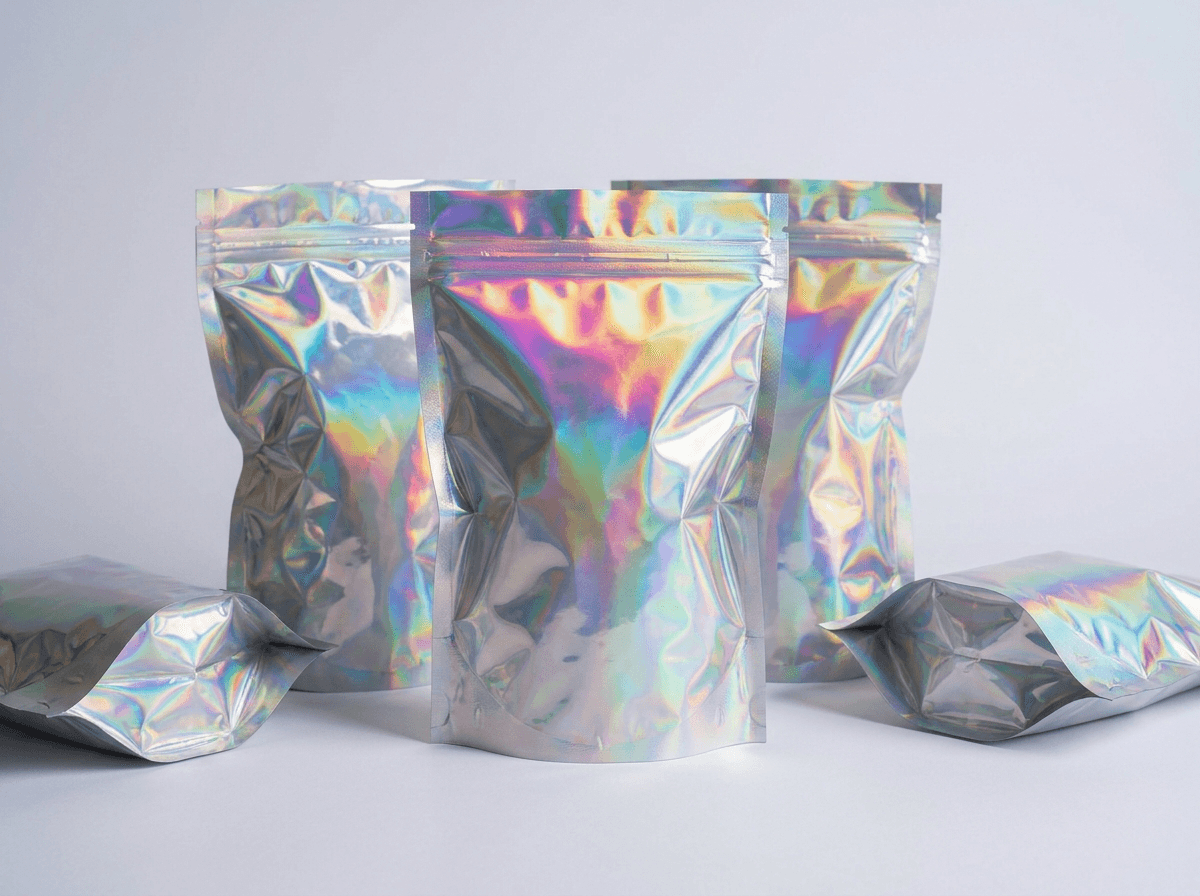 Shiny holographic iridescent mylar pouch bags