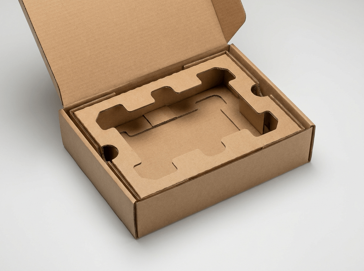 A die-cut corrugated cardboard insert inside a box