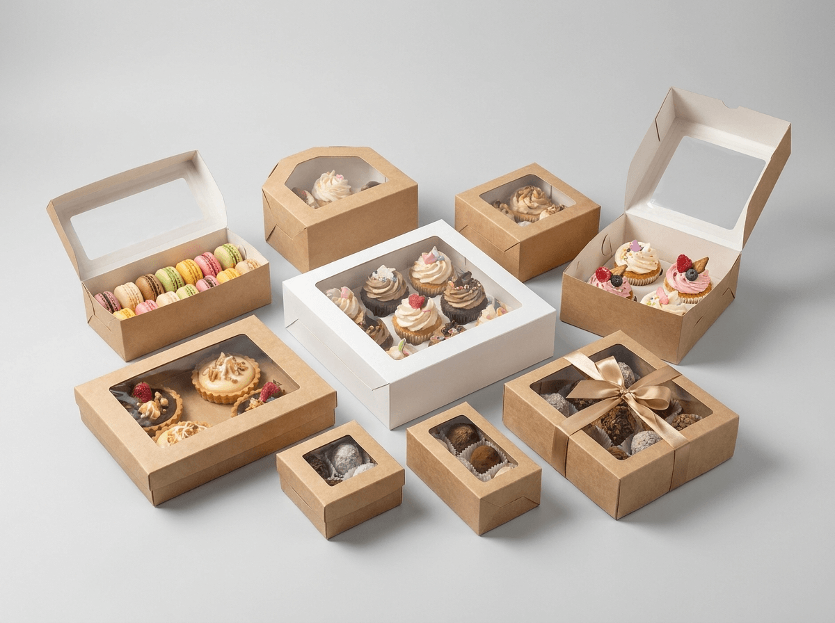 An assortment of dessert boxes with window lids