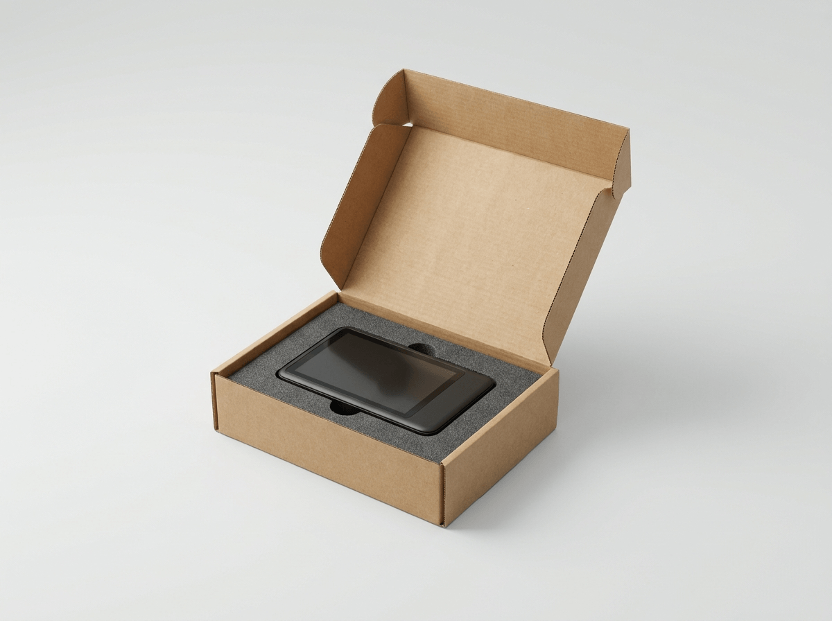 A corrugated mailer box open with a foam insert holding a product