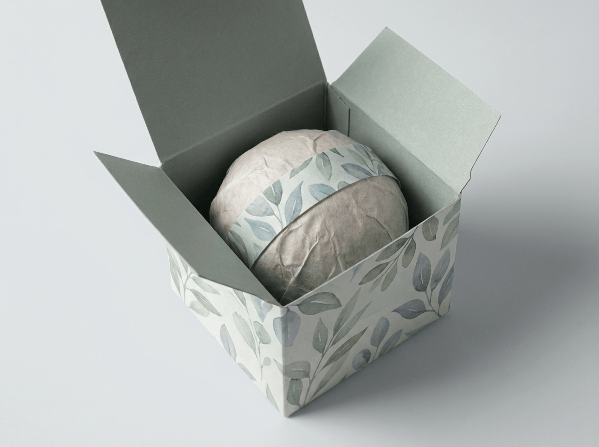 A printed box and wrap for a round bath bomb