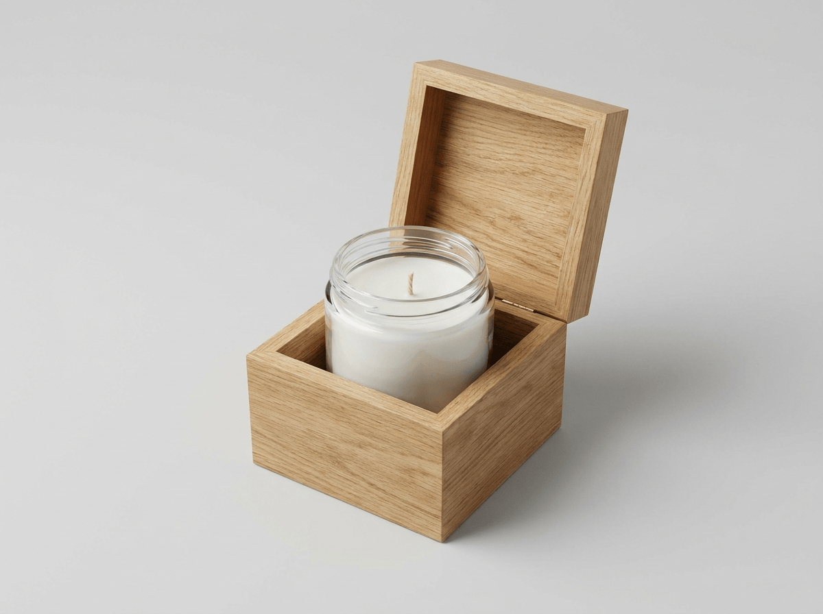 A wooden candle gift box with a glass candle jar