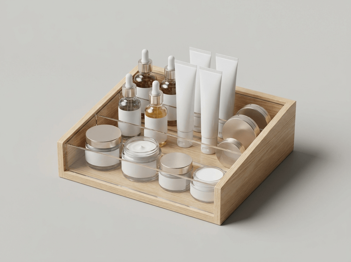 A countertop cosmetic retail display box holding products