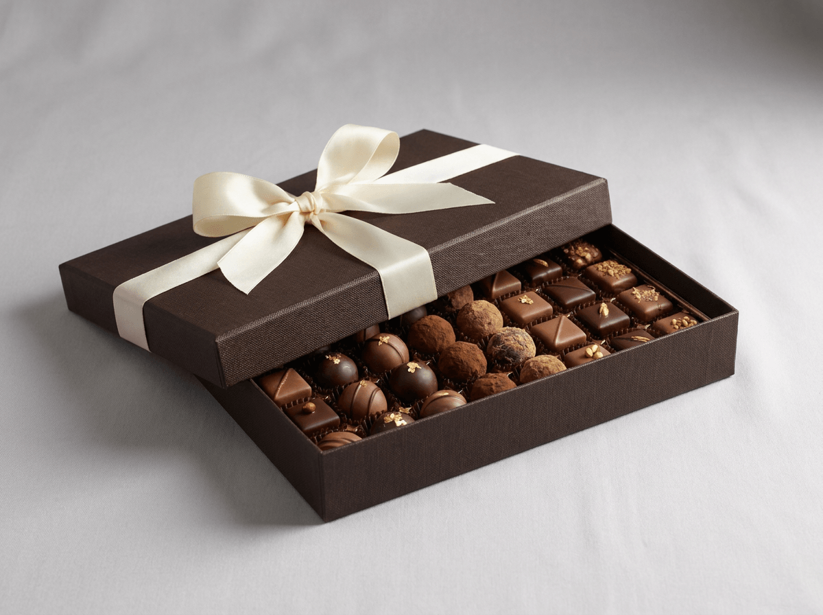 A luxury chocolate gift box with a ribbon and chocolates inside