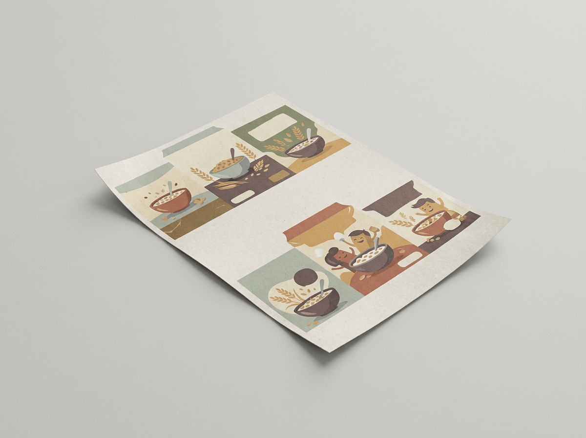 A sheet of printed cereal box labels close-up