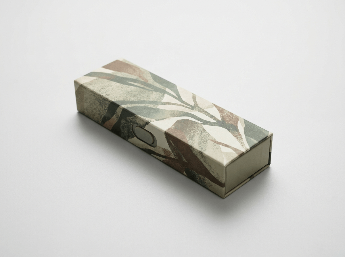 A slim child-resistant printed box for a cannabis vape pen
