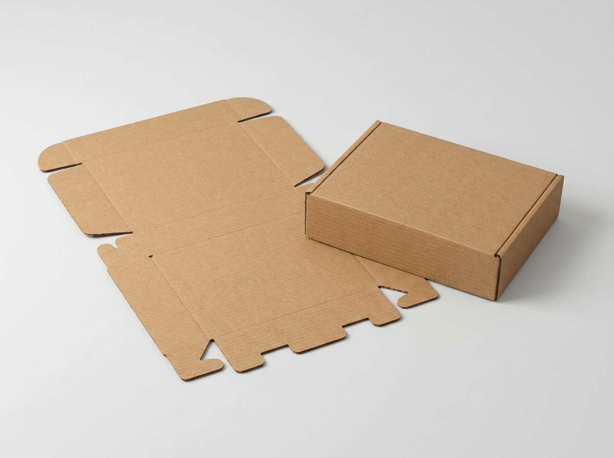 A die-cut corrugated mailer box, flat and assembled
