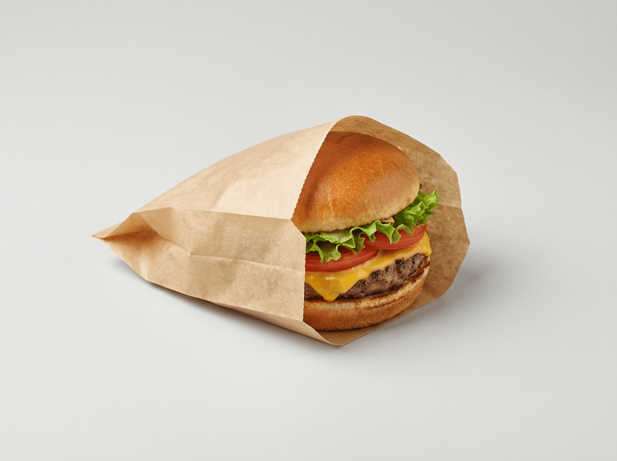 A printed paper burger sleeve wrap holding a burger