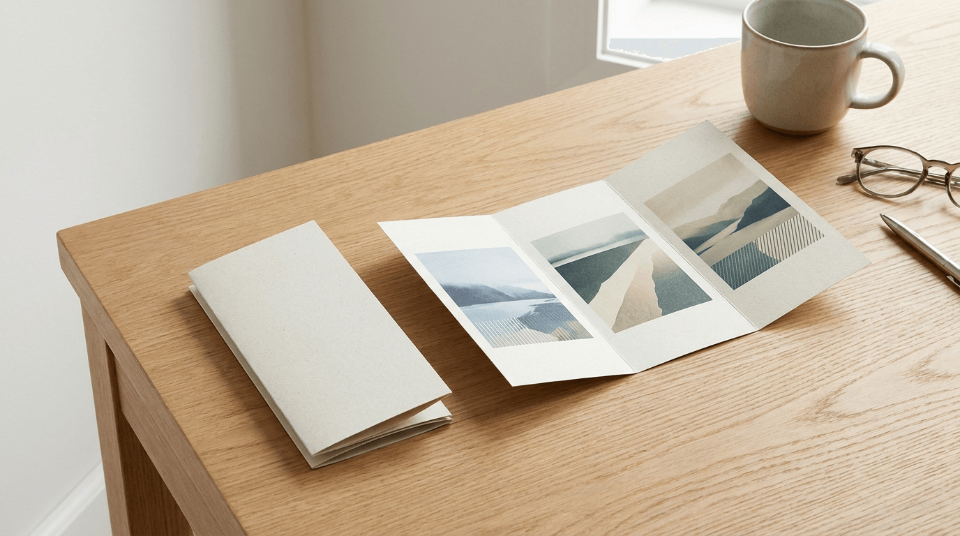 A trifold brochure folded and unfolded showing three panels on a desk
