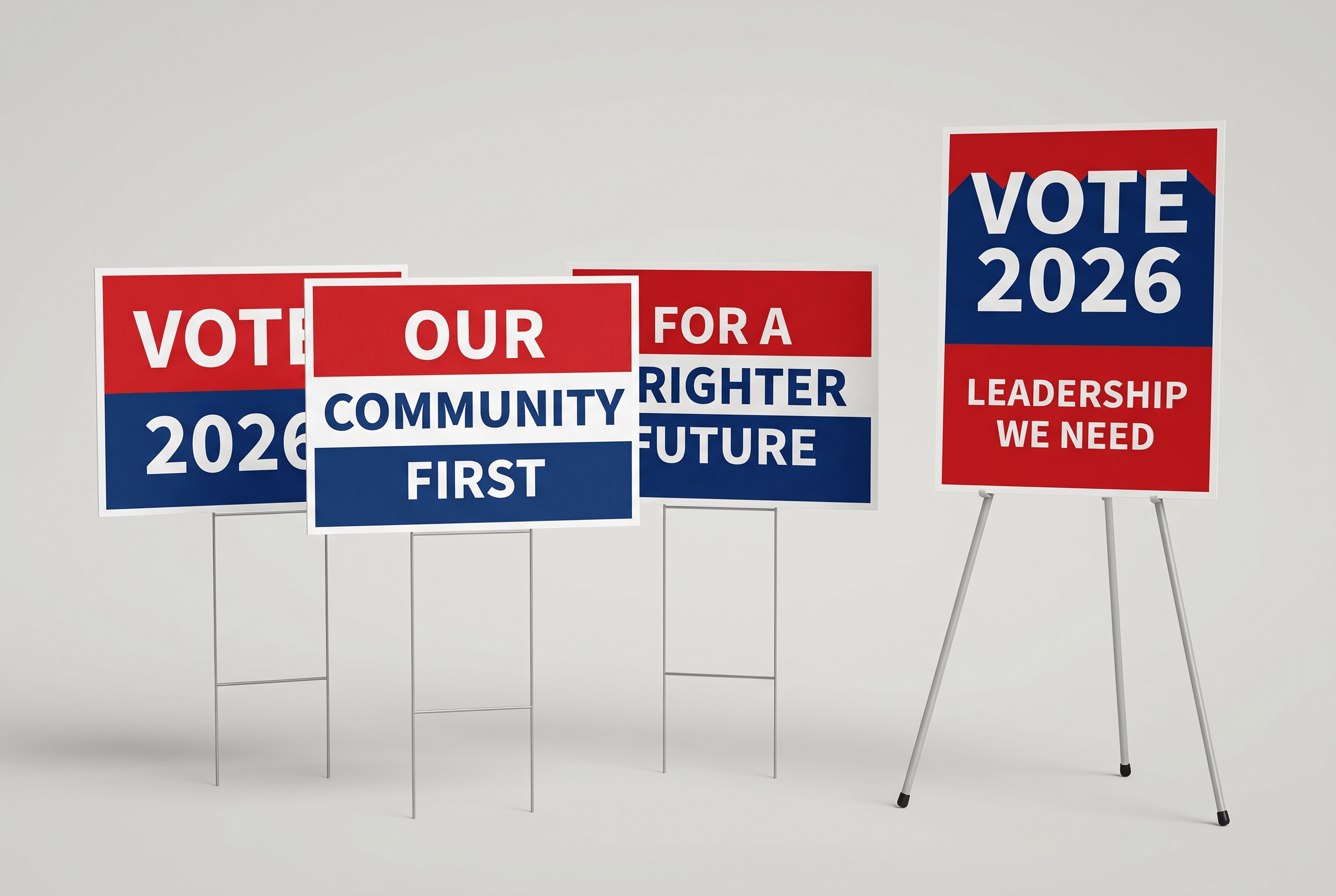 Political campaign posters and coroplast yard signs for a candidate