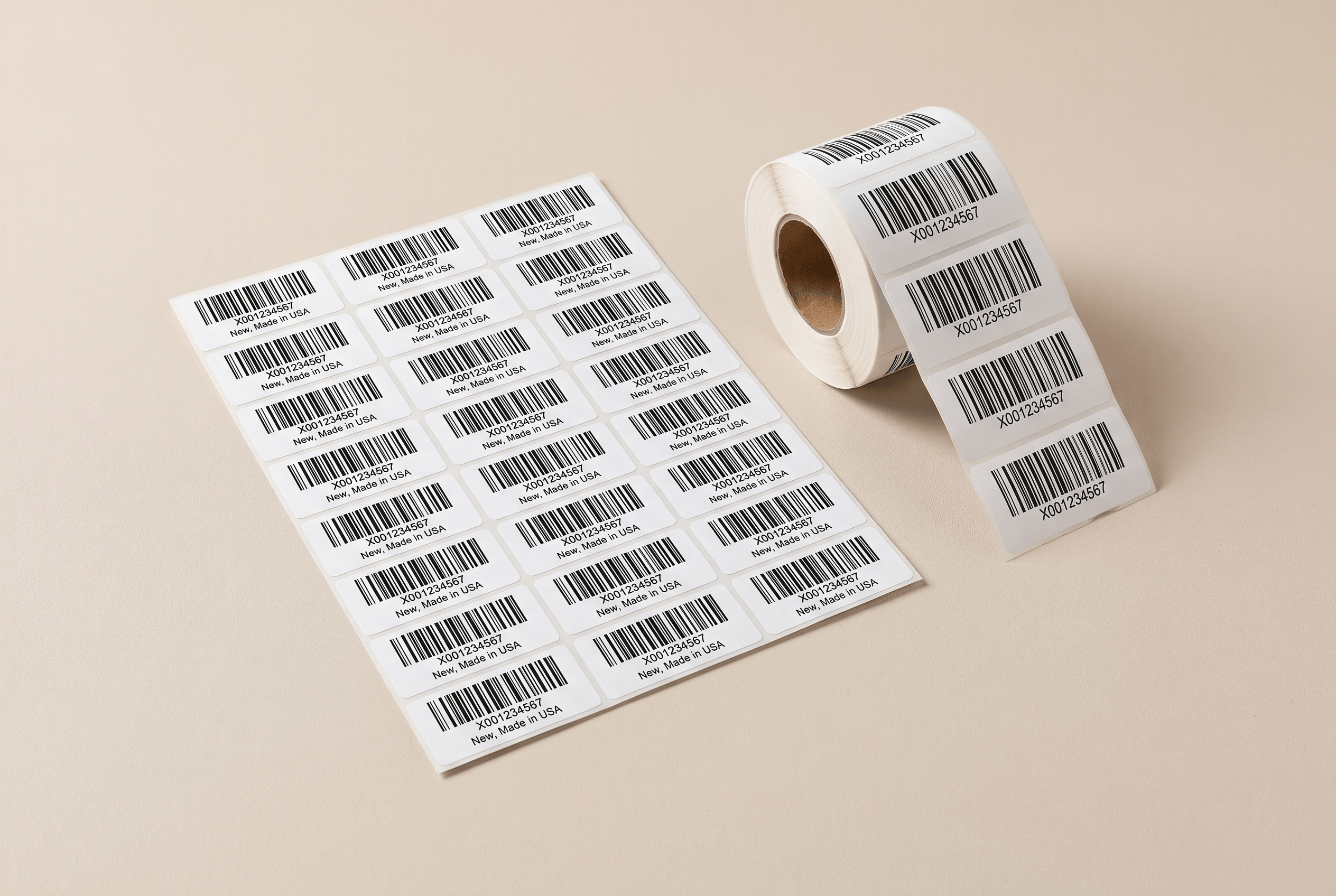 Sheets and a thermal roll of Amazon FBA FNSKU barcode labels