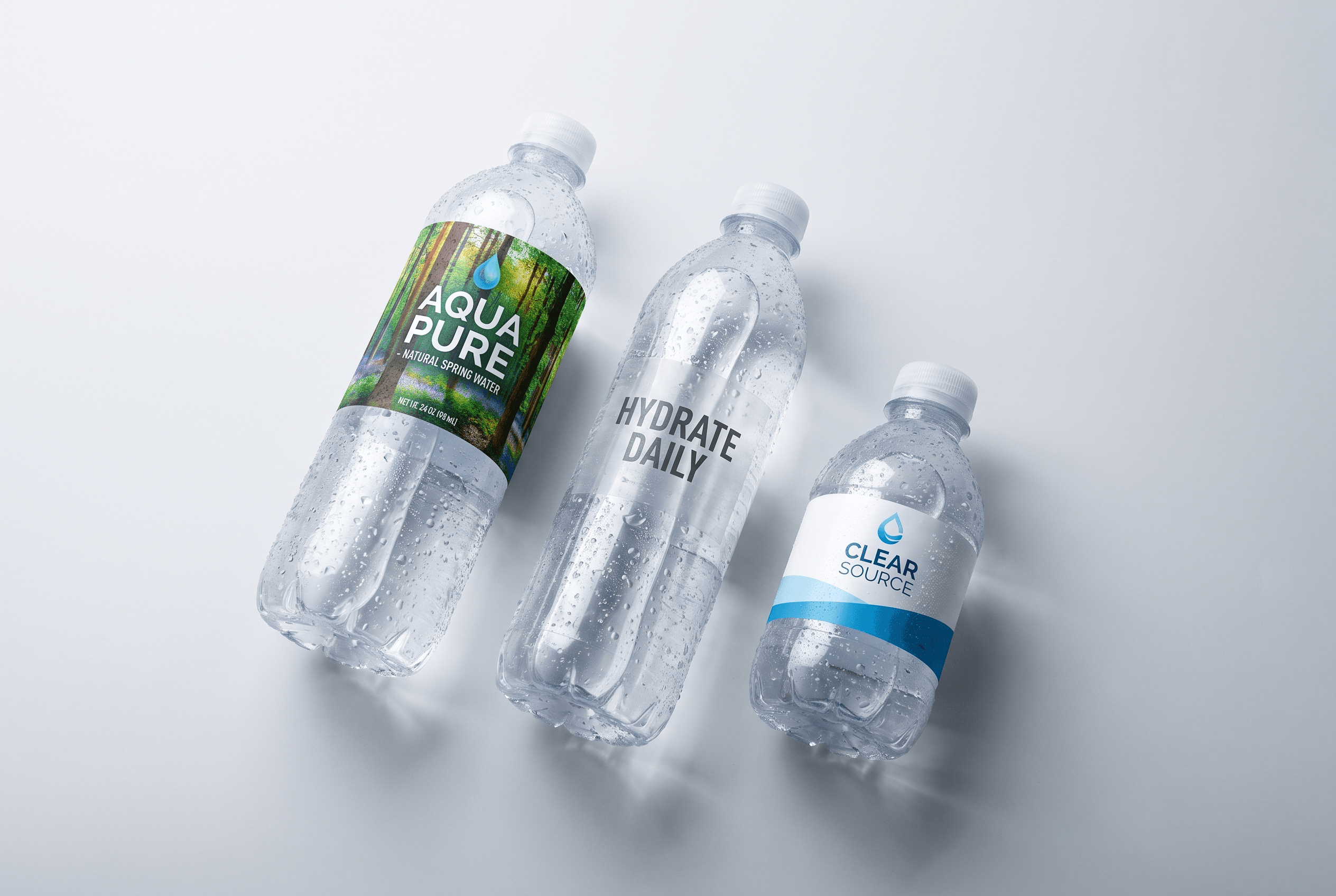 Custom printed waterproof labels wrapped around water bottles